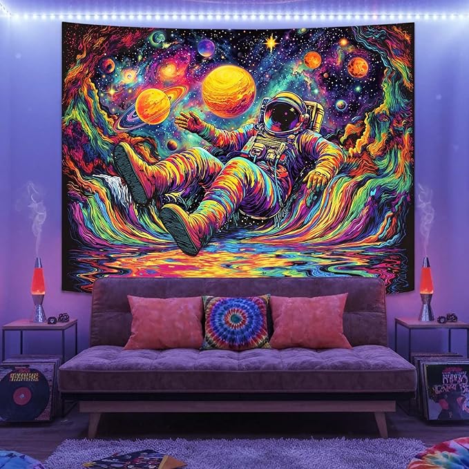 Blacklight Astronaut Tapestry Wall Hanging Space Galaxy Travel Funny Wander Tapestries for Bedroom Colorful Aesthetic Cool Wall Art for Guys Gamer Room Dorm Living Room (celestial bodies, 48''×36'')