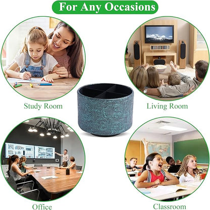 lizimandu Round Leather Art Supply Organizer,Remote Control Holder,360 Degree Spinning,Multi-Functional Pencil Holder,4 Compartments Desktop Stationary Organizer(1-Carved Metal Green3)