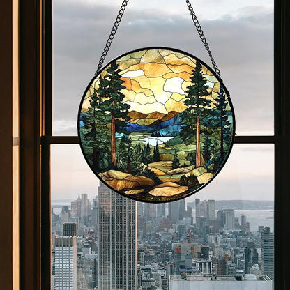 Stained Glass Window Hanging Forest Lake Mountain Sunset 7.8" - Suncatcher Door Garden Sunroom Sun Catcher Home Decor Birthday Christmas for Mom Men Woman Nana Friend