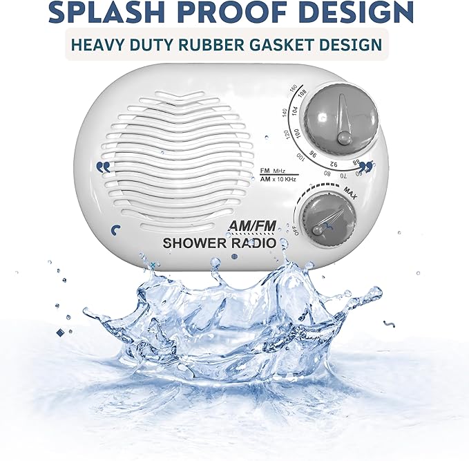 Shower Radio - Includes Carrying or Hanging Strap. Portable Design Perfect for Bathroom, Kitchen, and Outdoor. Built in Speaker, Battery Operated Radio