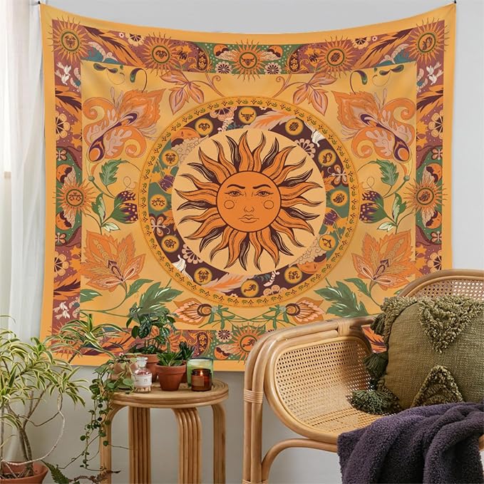 Boho Sun Tapestry Vintage Yellow Tapestry Retro Sunflowers Aesthetic Easy Installation HD Digital Print Wall Hanging for Bedroom Living Room Dorm Home Decor(Organe Sun, 60"x80")
