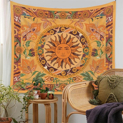 Boho Sun Tapestry Vintage Yellow Tapestry Retro Sunflowers Aesthetic Easy Installation HD Digital Print Wall Hanging for Bedroom Living Room Dorm Home Decor(Organe Sun, 50"x60")