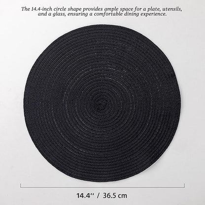 Round Placemats Set of 8 Woven Placemats Washable Braided Table Mats for Dining Table Heat Resistant Non-Slip Circle Place Mats(Black)