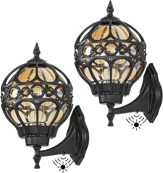 Dusk to Dawn Outdoor Lighting, Black Porch Wall Lights, Black Globe Aluminum Exterior House Lantern Wall Mount, Anti-Rust Waterproof Amber Glass Outside Light Fixtures for Patio Doorway Garage, 2pack