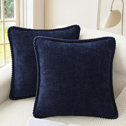 CaliTime Decorative Couch Throw Pillow Covers 20 X 20 Inches Pack of 2 Cozy Chenille Piping Edge Cushion Cases for Sofa Bed Living Room Home Navy Blue