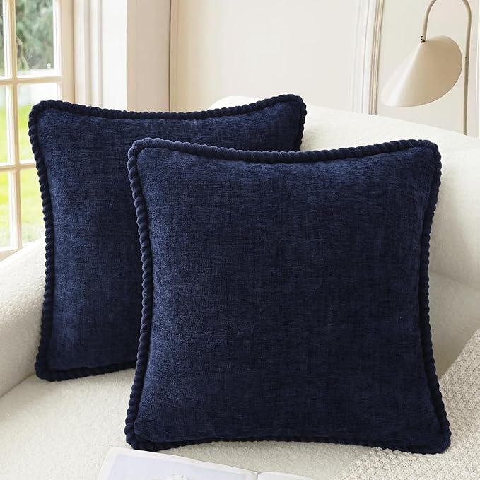 CaliTime Decorative Couch Throw Pillow Covers 16 X 16 Inches Pack of 2 Cozy Chenille Piping Edge Cushion Cases for Sofa Bed Living Room Home Navy Blue