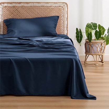 Bedsure Cooling Sheets Twin, Rayon Derived from Bamboo, Breathable & Soft Twin Sheets Set, Deep Pocket Up to 16 Inches, Hotel Luxury Silky Bedding for Hot Sleepers, Navy