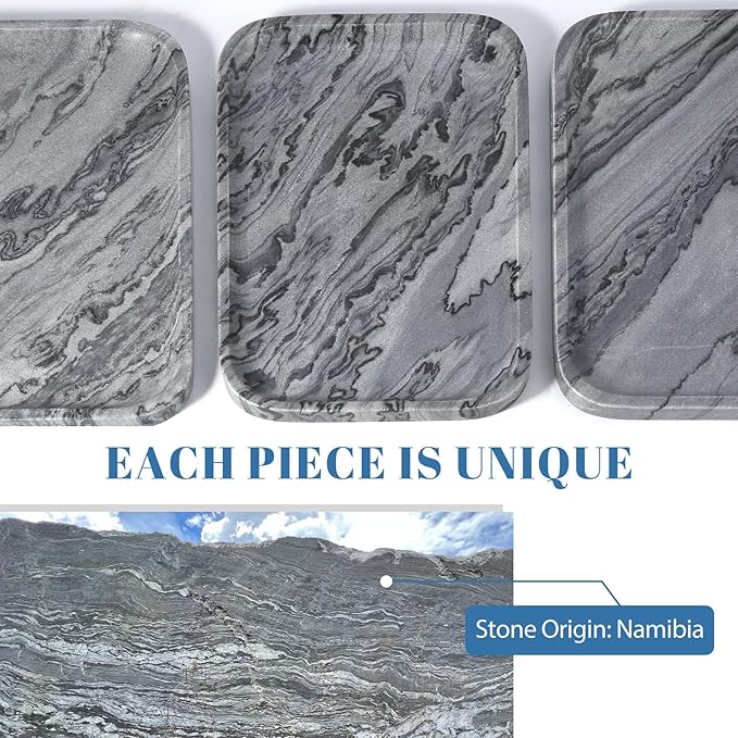 Koville Marble Tray, 12"x8" Natural Marble Vanity Tray for Countertop Bathroom Kitchen Dresser, Decorative Catchall Trays for Perfume Jewelry, Rectangular Stone Serving Tray (Grey)