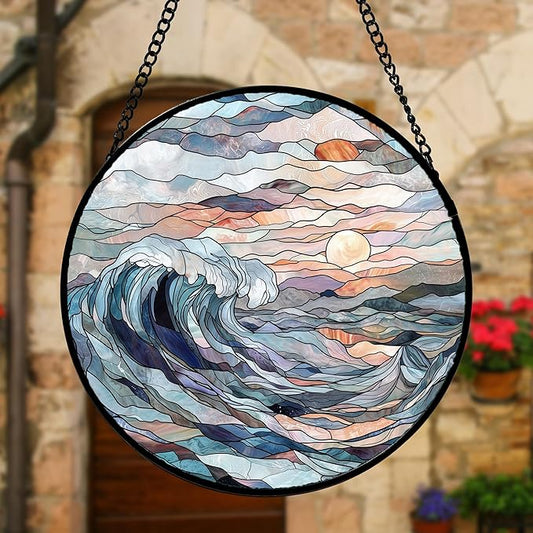 DASTOLL Stained Glass Window Hanging, Sunrise Waves Sun Catchers Diamond Glass Panel Hangings Abstract Suncatcher Decor for Birthday for Women, Men, Wife, Aunt, and Mom 11.8x11.8 in
