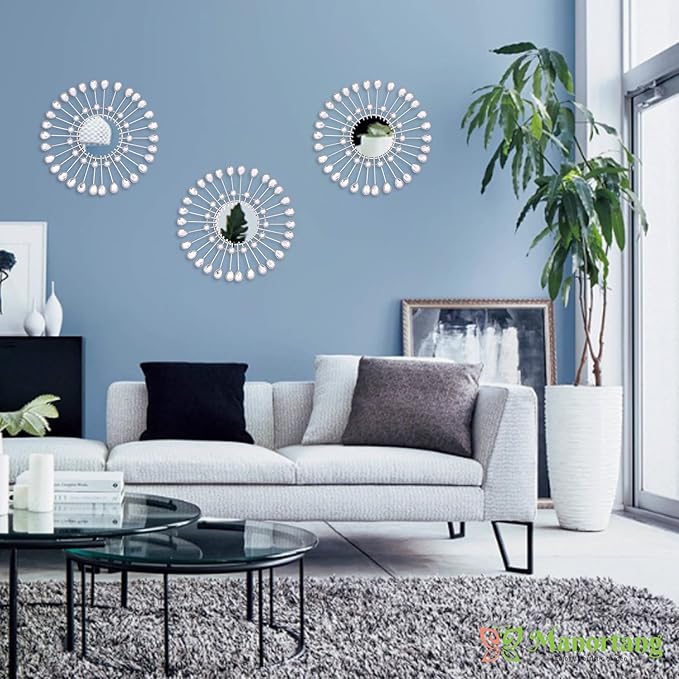 Silver Mirrors 3 PCE, 9 inchSunburst Mirror Hanging Wall Decor, Christmas Decorative Mirror Wall Art, Round Mirrors for Bedroom Living Room Bathroom Kitchen, Warming