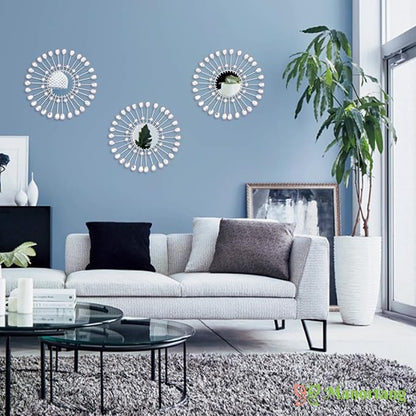 Silver Mirrors 3 PCE, 9 inchSunburst Mirror Hanging Wall Decor, Christmas Decorative Mirror Wall Art, Round Mirrors for Bedroom Living Room Bathroom Kitchen, Warming