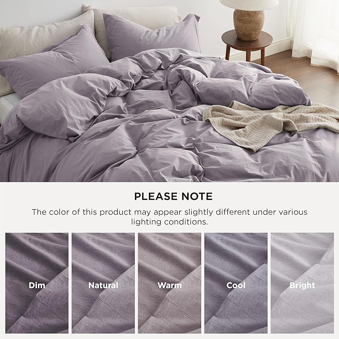 Bedsure 100% Washed Cotton Duvet Cover King Size - Lavender Minimalist Cotton Duvet Cover Linen Like for All Seasons - GentleSoft™ Plain Simple Bedding (Lavender, King, 104"x90")