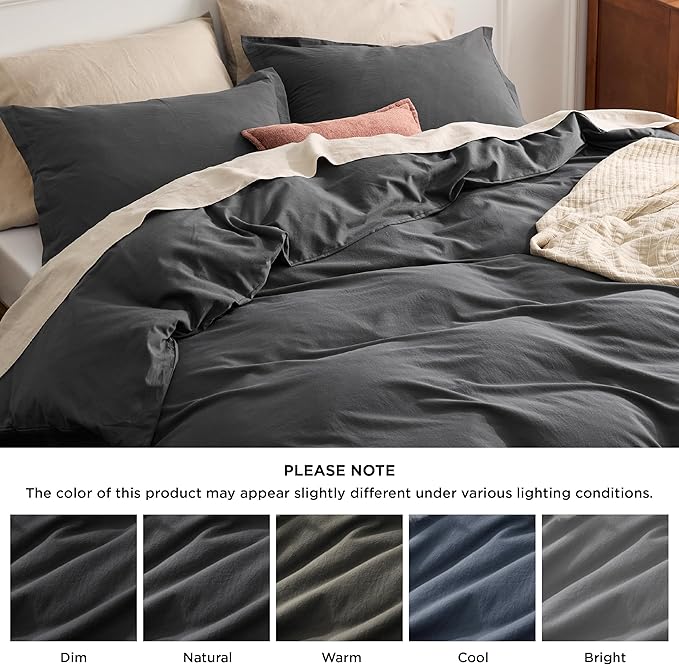Bedsure 100% Washed Cotton Duvet Cover Queen Size - Charcoal Minimalist Cotton Duvet Cover Linen Like for All Seasons - GentleSoft™ Plain Simple Bedding (Charcoal, Queen, 90"x90")