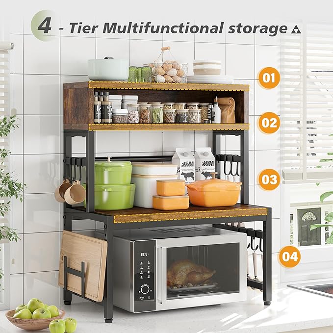 EnHomee Microwave Stand, 4-Tier with 9 Hooks for Kitchen Countertop Organizer, 205LBS Microwave Shelf, Adjustable Kitchen Shelves Microwave Stand with Storage and Microwave Oven Rack (Brown)