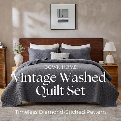 Twin Quilt Set with Sham Lightweight Quilted Bedspread Coverlet Thin Comforter Bed Cover Vintage Washed Quilted Blanket for All Season, Brushed Microfiber Diamond Stitching, Ash Gray, 66"x92"