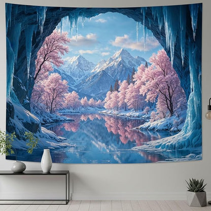 kampdream Fantasy Winter Scenery Tapestry, Ice Cave Landscape with Frozen Lake and Cherry Blossom Forest Wall Hanging, Landscape Nature Home Decor for Bedroom and Living Room Wall Art Decoration