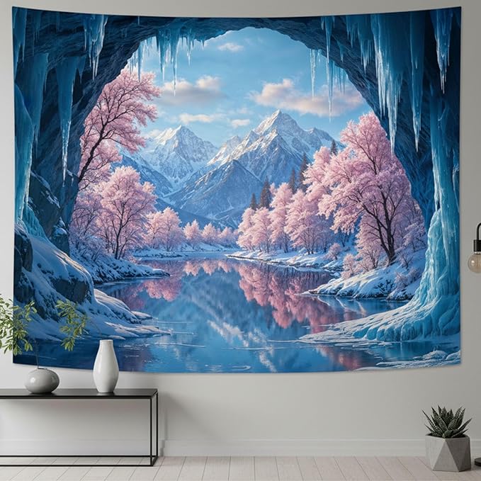 kampdream Fantasy Winter Scenery Tapestry, Ice Cave Landscape with Frozen Lake and Cherry Blossom Forest Wall Hanging, Landscape Nature Home Decor for Bedroom and Living Room Wall Art Decoration