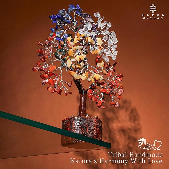 KARMAPLEDGE 7 Chakra Healing Crystal Tree of Life with Manifestation Card, Handmade Silver Wire Crystal Tree for Good Luck, Positive Energy, Wealth, Reiki Healing, and Decor, Gift for Women and Mom