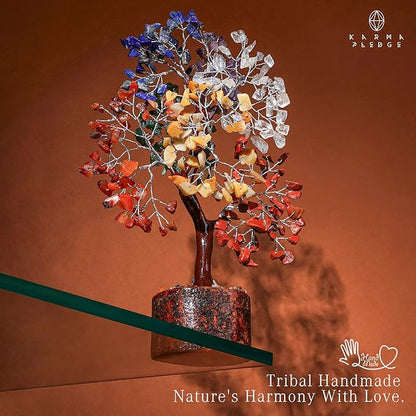 KARMAPLEDGE 7 Chakra Healing Crystal Tree of Life with Manifestation Card, Handmade Silver Wire Crystal Tree for Good Luck, Positive Energy, Wealth, Reiki Healing, and Decor, Gift for Women and Mom
