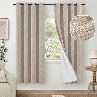 Lajode Beige 100% Blackout Curtains for Living Room 72 Inch Length 2 Panels Set, Thermal Insulated Light Blocking Polyester Linen Curtains for Bedroom, Bronze Grommet Boho Window Drape Each 52" Wide