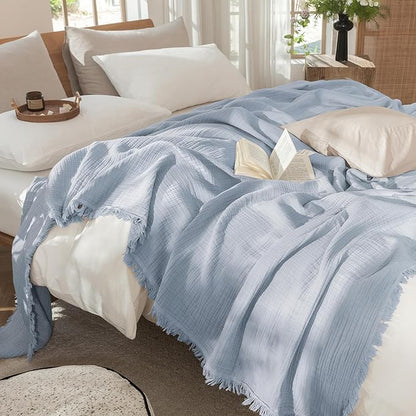 MooMee Muslin Blanket - 100% Cotton 4-Layer Gauze Throw Blanket with Tassels Ultra-Soft Breathable Lightweight Cooling for Bed Couch (Dusty Blue, Queen 90" x 90")
