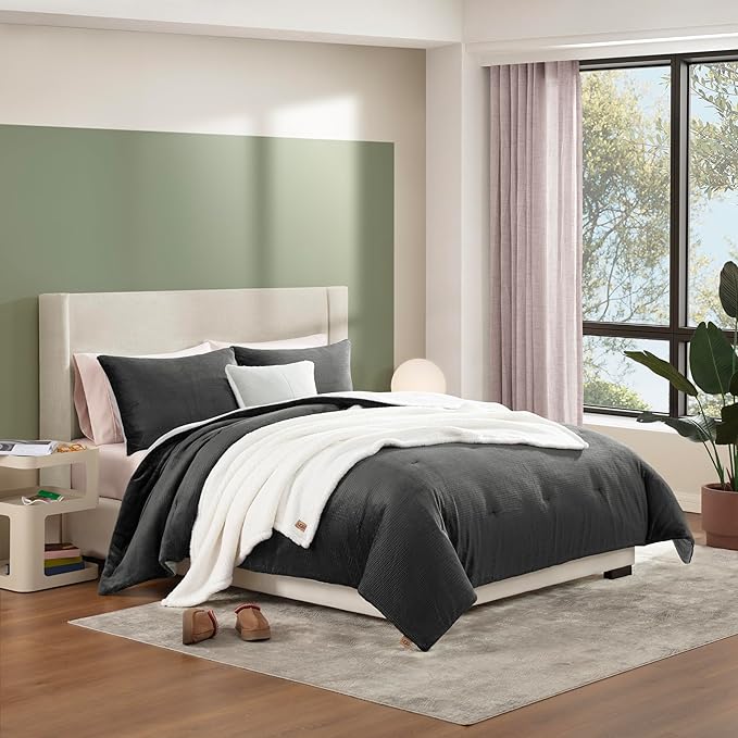 UGG Full/Queen Comforter Set 5 Piece Bed in a Bag with Throw Blanket, Decorative Pillow, Shams, Reversible Hypoallergenic Washable Luxury Warm Fluffy Bedding Set, Charcoal Grey (Remina)