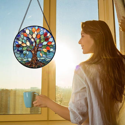 DASTOLL Stained Glass Window Hanging, Colorful Tree of Life Sun Catchers Glass Panel Blue Suncatcher Decor for Birthday for Women, Men, Wife, Aunt, and Mom 7.8 in