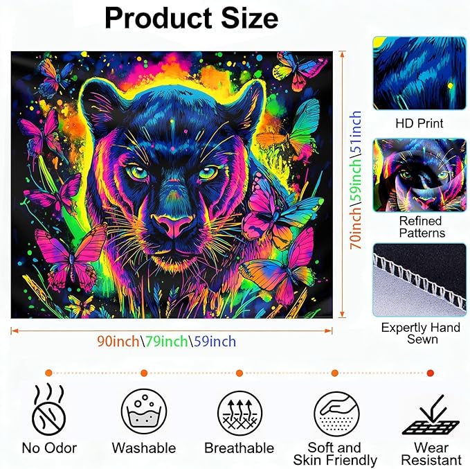 seewan Black Light Black Panther Tapestry, Glow-in-the-Dark UV Neon Butterfly and Black Panther Wall Hanging, Psychedelic Animal Art Tapestry, Bedroom Dorm Living Room Background Decor