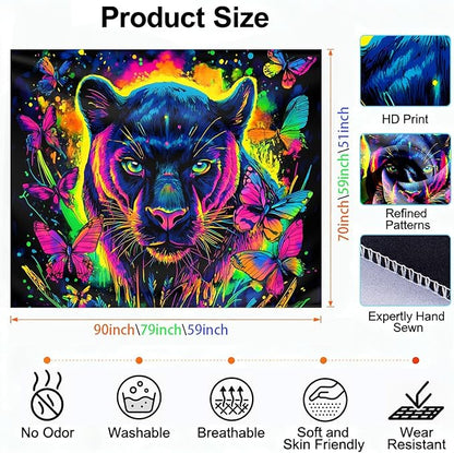 seewan Black Light Black Panther Tapestry, Glow-in-the-Dark UV Neon Butterfly and Black Panther Wall Hanging, Psychedelic Animal Art Tapestry, Bedroom Dorm Living Room Background Decor