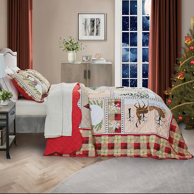 HZ & HY Christmas Oversized Bedspread King Size, Winter Snowman Pattern Bedding Quilt, Rustic Lodge Plaid Patchwork Comforter Set, Lightweight & Soft Microfiber, 3 Piece, King/Cal King