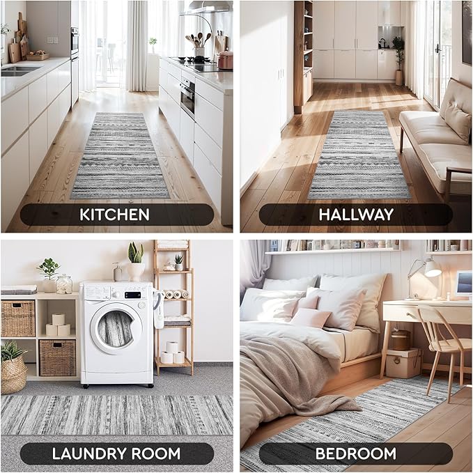 2x6 Runner Rug Machine Washable Non Slip Area Rug Distressed Neutral Moroccan Boho Rug Ultra Soft Floor Runners for Hallways for Entryway Laundry Room Kitchen, Black