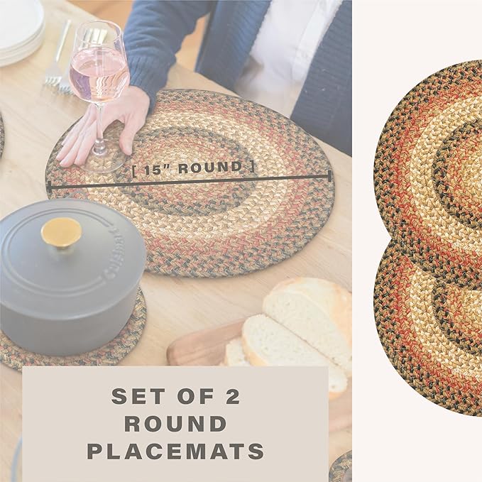 Homespice Russet Round Braided Placemats, Warm Country Decor, Set of 2, 15", Multicolor Jute Table Mats - Vibrant Colors, Durable, Easy to Clean and Protects Furniture