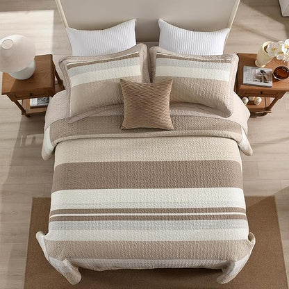 EWlinens 100% Cotton 120"x102" Oversized Queen Bedspread, Farmhouse Striped Patchwork Oversized Queen Quilted Bedspreads Coverlet Set, Extra Large Quilt Bed Spread, 3pcs Bed Blanket, Brown/Gray/White
