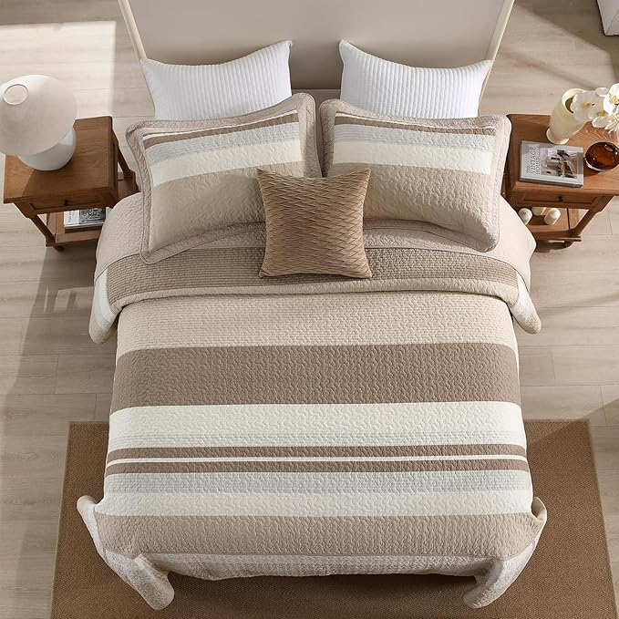 EWlinens 100% Cotton 120"x120" Oversized King Bedspread, Farmhouse Striped Patchwork Oversized King Quilted Bedspreads Coverlet Set, Extra Large Quilt Bed Spread, 3pcs Bed Blanket, Brown/Gray/White