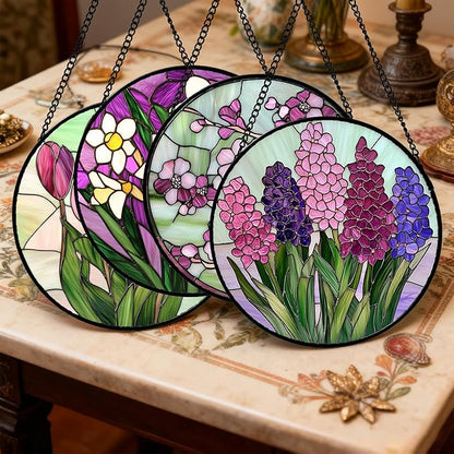 Stained Glass Window Hanging 4 Pcs Set Tulips Plum Flower Daffodils Hyacinths 9.8" - Suncatcher Door Garden Sun Catcher Decor Birthday Mother's Day for Mom Woman Nana