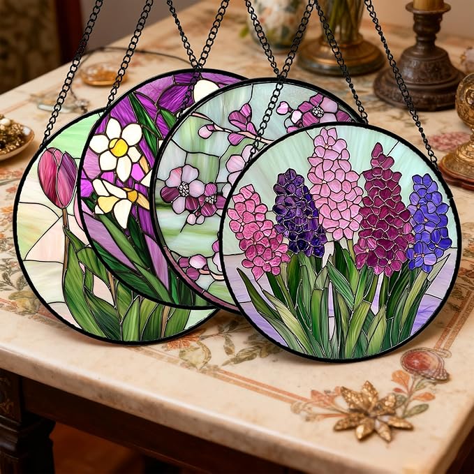 Stained Glass Window Hanging 4 Pcs Set Tulips Plum Flower Daffodils Hyacinths Large 11.8" - Suncatcher Door Garden Sun Catcher Decor Birthday Mother's Day for Mom Woman Nana