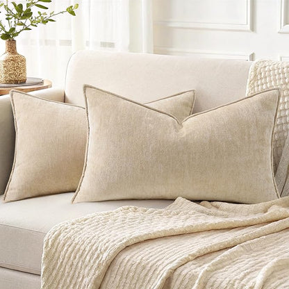 decorUhome Spring Couch Throw Pillow Covers 12x20 Set of 2, Decorative Soft Velvet Neutral Chenille Lumbar Pillow Covers with Elegant Design for Sofa Bed Living Room Home Decor, Beige