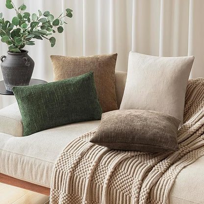 Foindtower Pack of 2 Soft Textured Chenille Throw Decorative Pillow Covers Lumbar Accent Solid Cushion Cover Cozy Farmhouse Pillow Case with Zipper for Couch Sofa Bed Living Room 12x24 Inch,Dark Green