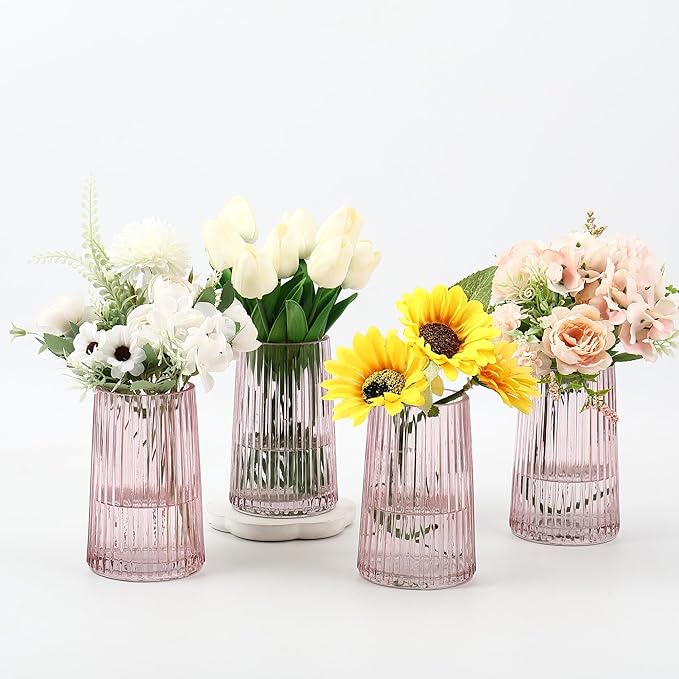 Pink Glass Vases Set of 4, Small Vases for Flowers, Flower Vase for Bouquet, Modern Ribbed Glass Vase for Living Room, Bedroom, Dining Table, Office, Wedding, Centerpieces