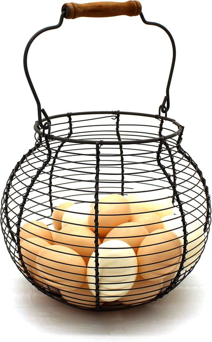 CVHOMEDECO. Antique Wire Egg Basket with Wood Handle Primitives Vintage Gathering Basket. Rusty