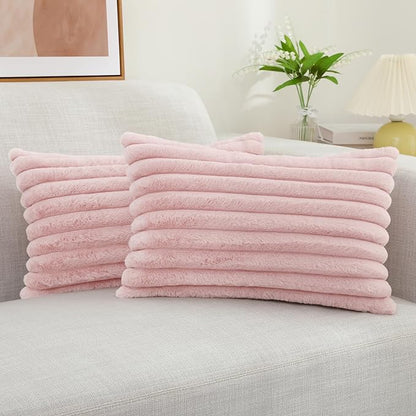 decorUhome Faux Fur Spring Throw Pillow Covers 12x20 Set of 2, Decorative Soft Plush Striped Lumbar Neutral Couch Pillow Covers with Velvet Back for Sofa, Bed, Living Room Home, Pink
