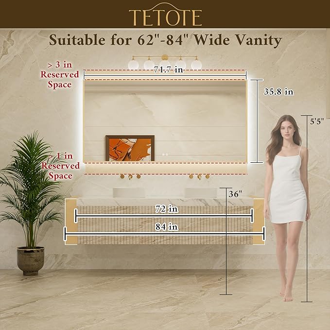 TETOTE 72 x 36 Backlit Bathroom Mirror Brushed Gold Metal Frame LED Light Vanity 3-Color White/Warm/Natural Stepless Dimmable Anti-Fog Backlight Mirror Wall-Mounted