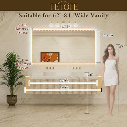 TETOTE 72 x 36 Backlit Bathroom Mirror Brushed Gold Metal Frame LED Light Vanity 3-Color White/Warm/Natural Stepless Dimmable Anti-Fog Backlight Mirror Wall-Mounted