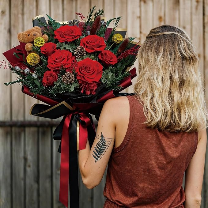 HUACHIPLUS Preserved Bouquet with Bear: Big Flowers Big Love-Romantic Gifts for Her Wife Girlfriend Mom-Flowers for Delivery Prime on Christmas Valentines Day Anniversary Mothers Day Birthday (Red1)