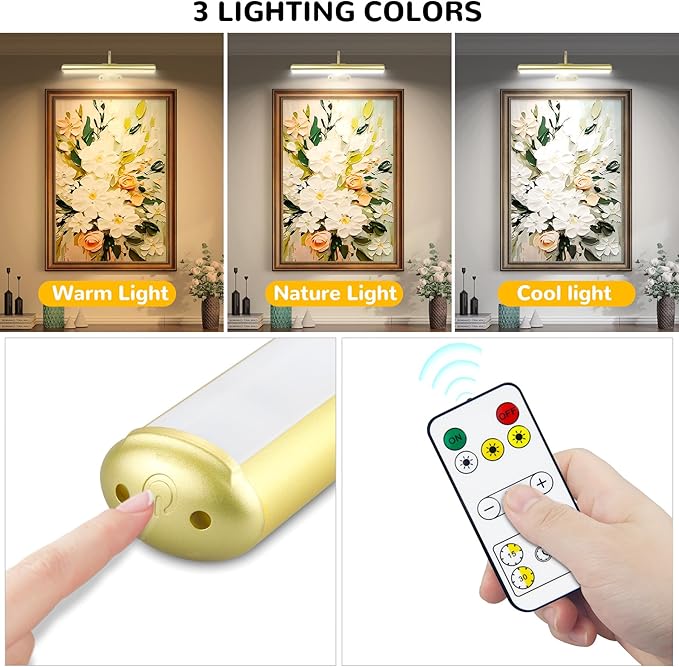 2Pack-Picture Light for Wall Artwork Rechargeable 5000mAh Painting Light with Controller, WARM/NATURE/COOL Colors,Dimmable 400LM Full Metal Wall Sconces Lamp Led for Picture Portrait Gallery-Gold