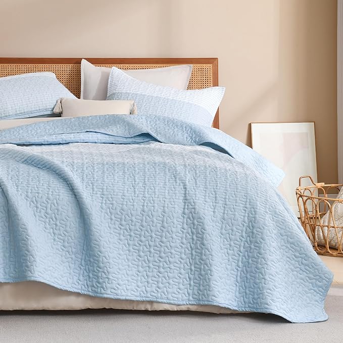 Litanika Quilt Queen Size Pale Blue, Stripe Patchwork Summer Bedspread Coverlet 3 Pieces, Soft Lightweight Microfiber Quilted Bedding Set for All Season(1 Quilt, 2 Pillowcases)