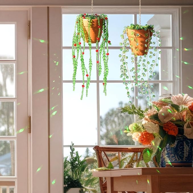 Suncalla 2 Pcs Beaded Plant Gifts for Plant Lovers Beaded Succulent Plants Sun Catcher Glass Leaf Beads Suncatcher for Window Hanging with Chain Bead Plants Crystal Sun Catchers Home (Novel Style)