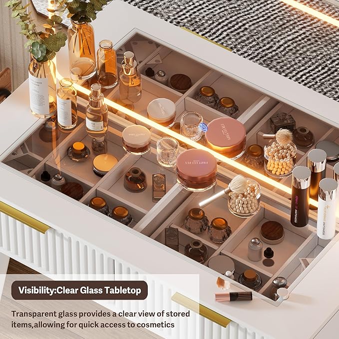 White Makeup Vanity Desk with Lighted Mirror & Power Outlet,3 Color Modes, Brightness Adjustable,Vanity Table with Drawer,Sliding 2 Storage Wall-Mounted Jewelry