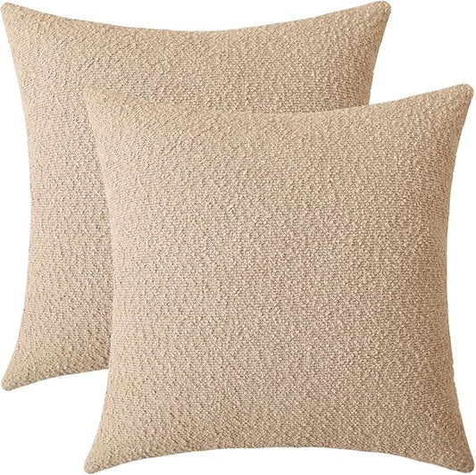 Jeneoo Khaki Decorative Square Thick Throw Pillow Covers Fine Textured Boucle Couch Cushion Cases for Sofa Decor, Set of 2, 18 x 18 Inch