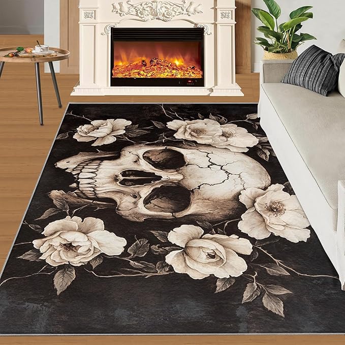 Skull Washable Rugs 3x4 Rug for Living Room, Floral 3x4 Rug Gothic Low-Pile Carpet for Bedroom Dining Non Slip Mat with Rubber Back